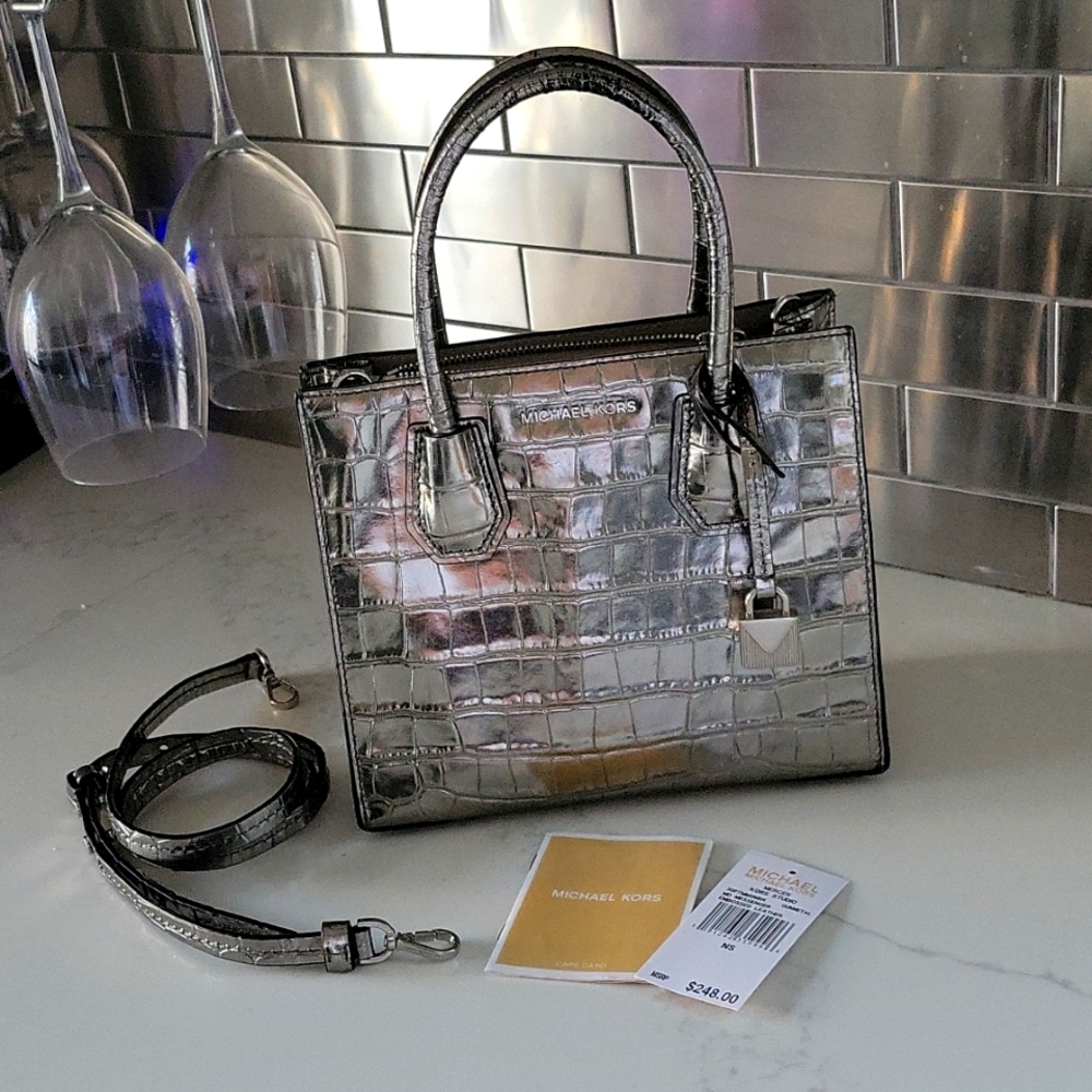 Michael Kors Silver Croc-Embossed Shoulder Bag